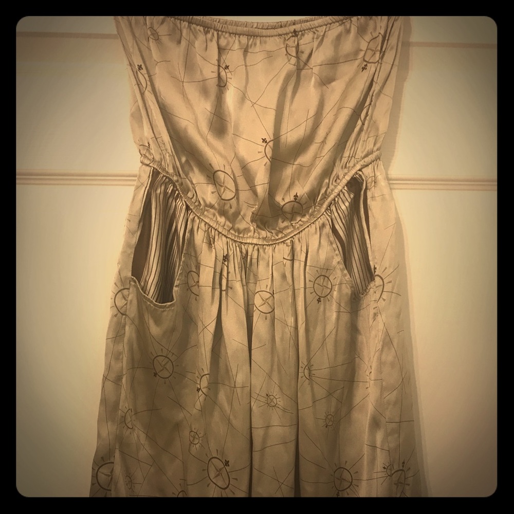 Adventurer 100% silk silver strapless dress